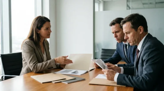 Professional meeting scene showing real estate investors evaluating sponsor credentials and track records