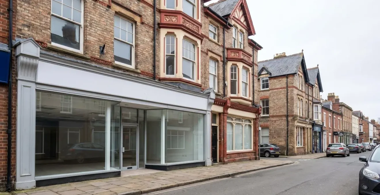 Modern UK high street commercial property exterior showing flexible Class E use potential for retail and hospitality businesses
