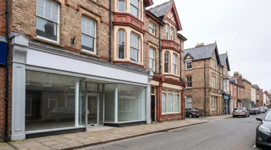 Modern UK high street commercial property exterior showing flexible Class E use potential for retail and hospitality businesses
