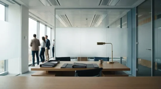 Corporate finance professional reviewing loan documentation and tax calculations in modern office environment