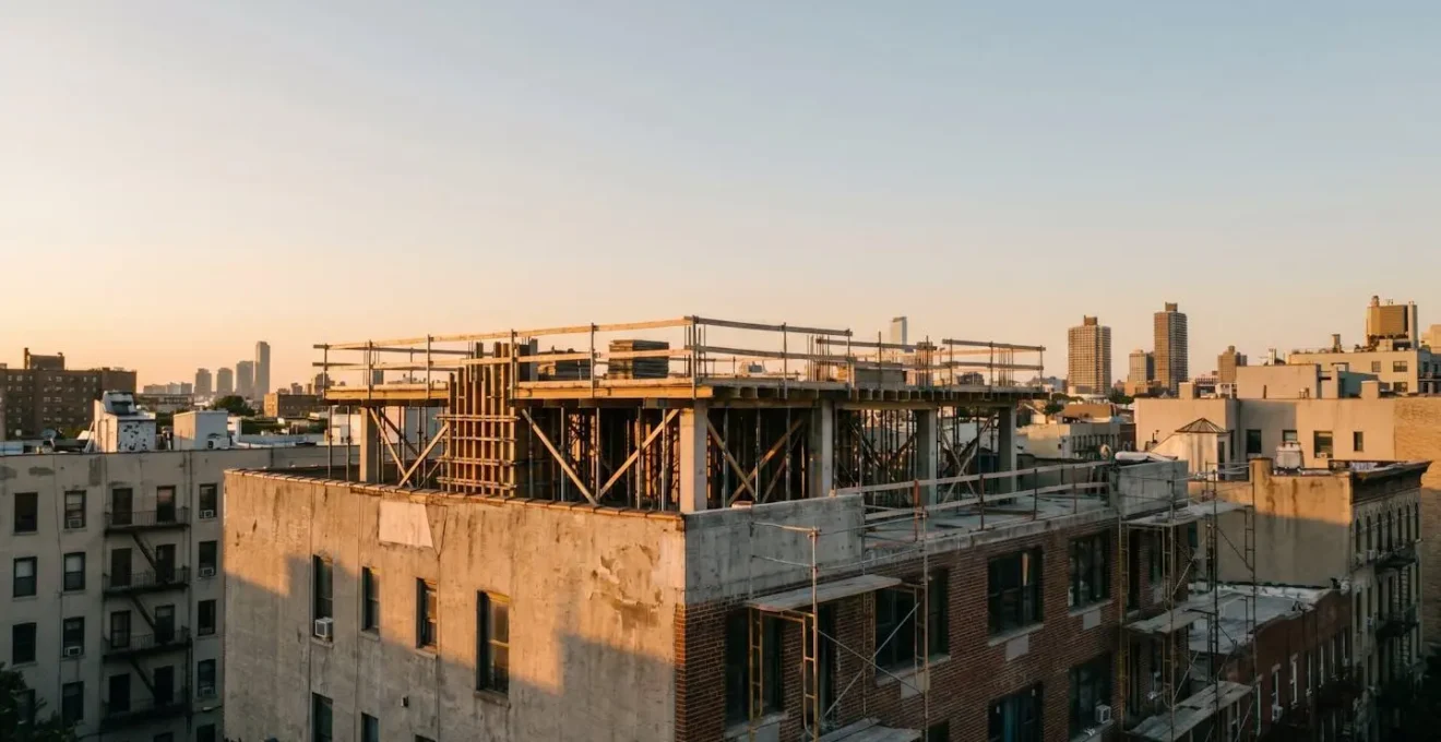 Modern rooftop addition emerging above existing urban building showcasing vertical development potential